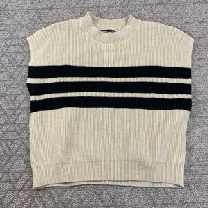 Knit Vest Top Sleeveless Mock‎ Neck Cream Black Striped Womens